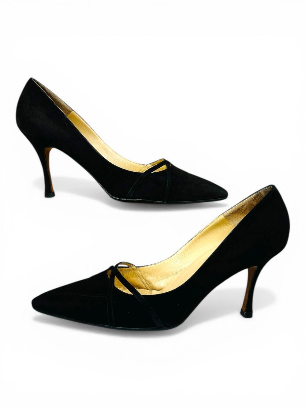 Vintage Manolo Blahnik Black Suede Asymmetrical Cutout Pumps Pointed Toe EU 38.5